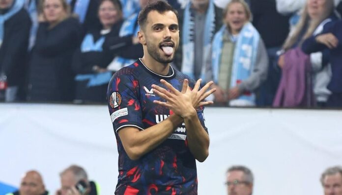 Nedim Bajrami of Rangers celebrates scoring the opening goal Malmo v Rangers, UEFA Europa League, Group Stage, Football,
